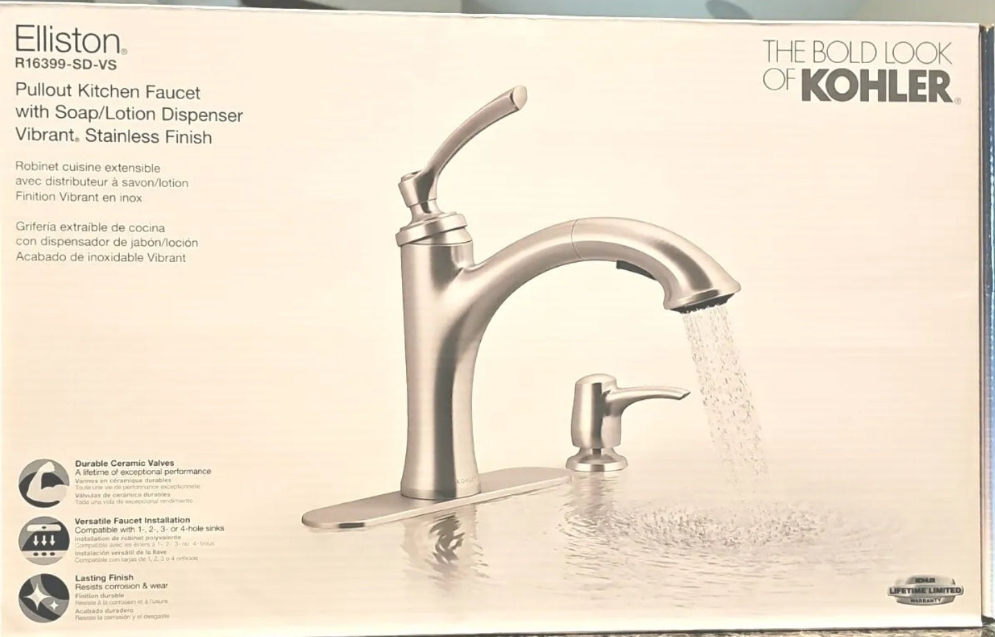 KOHLER Elliston R16399-SD-VS Vibrant Stainless Single Handle Pull-out Kitchen Faucet with Deck Plate and Soap Dispenser Included