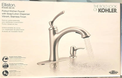 KOHLER Elliston R16399-SD-VS Vibrant Stainless Single Handle Pull-out Kitchen Faucet with Deck Plate and Soap Dispenser Included