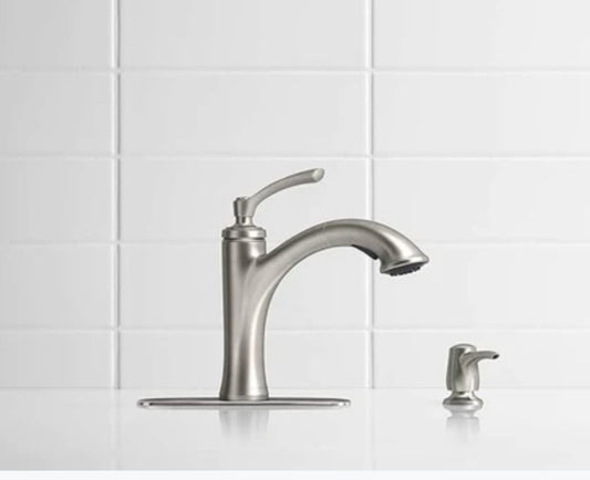 KOHLER Elliston R16399-SD-VS Vibrant Stainless Single Handle Pull-out Kitchen Faucet with Deck Plate and Soap Dispenser Included