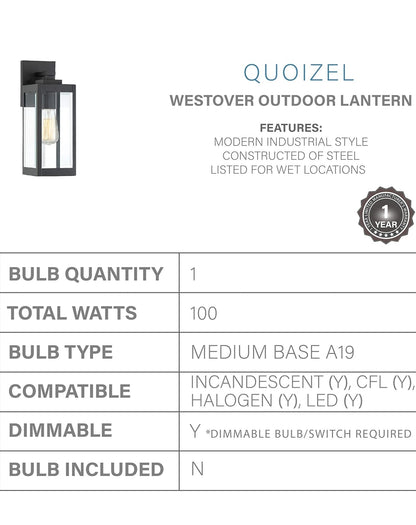Quoizel WVR8406EK Westover Modern Industrial Clear Seedy Glass Medium Outdoor Wall Lantern Lighting, 1-Light 100 Watt, 17"H x 6"W, Earth Black