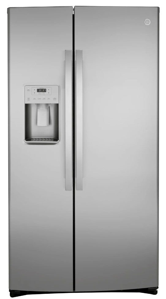 GE GZS22IYNFS. 36Inch Counter Depth Freestanding Side by Side Refrigerator with 21.8 Cu. Ft.Showcase LED Lighting, External Filtered Water/Ice Dispenser, Advanced Water Filtration, Enhanced Shabbos Mode Capable, and AHAM Certified: Fingerprint Resistan