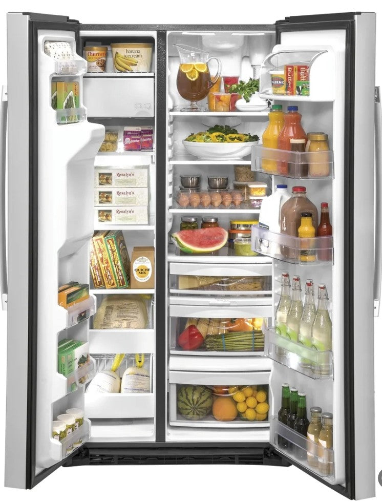 GE GZS22IYNFS. 36Inch Counter Depth Freestanding Side by Side Refrigerator with 21.8 Cu. Ft.Showcase LED Lighting, External Filtered Water/Ice Dispenser, Advanced Water Filtration, Enhanced Shabbos Mode Capable, and AHAM Certified: Fingerprint Resistan