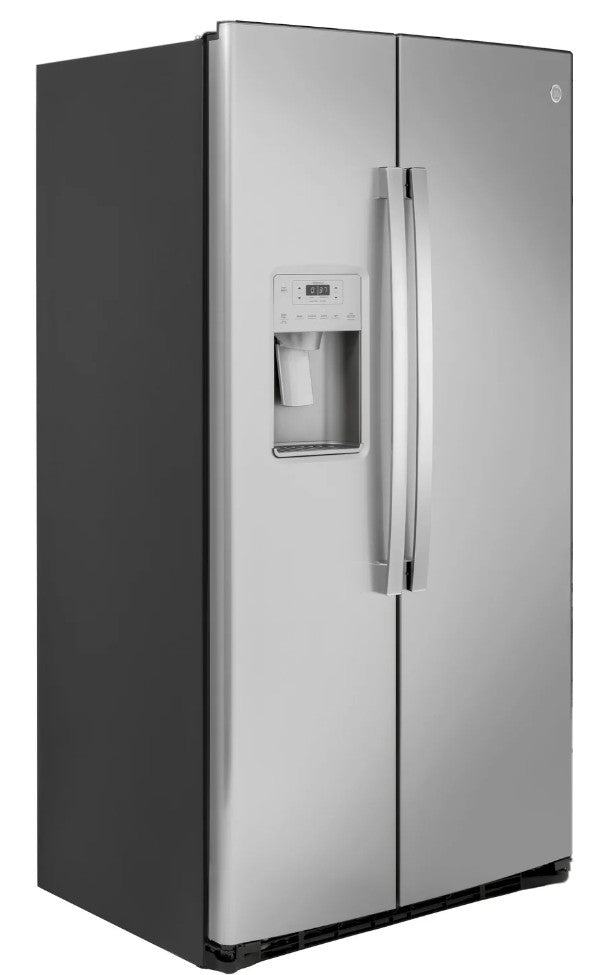 GE GZS22IYNFS. 36Inch Counter Depth Freestanding Side by Side Refrigerator with 21.8 Cu. Ft.Showcase LED Lighting, External Filtered Water/Ice Dispenser, Advanced Water Filtration, Enhanced Shabbos Mode Capable, and AHAM Certified: Fingerprint Resistan