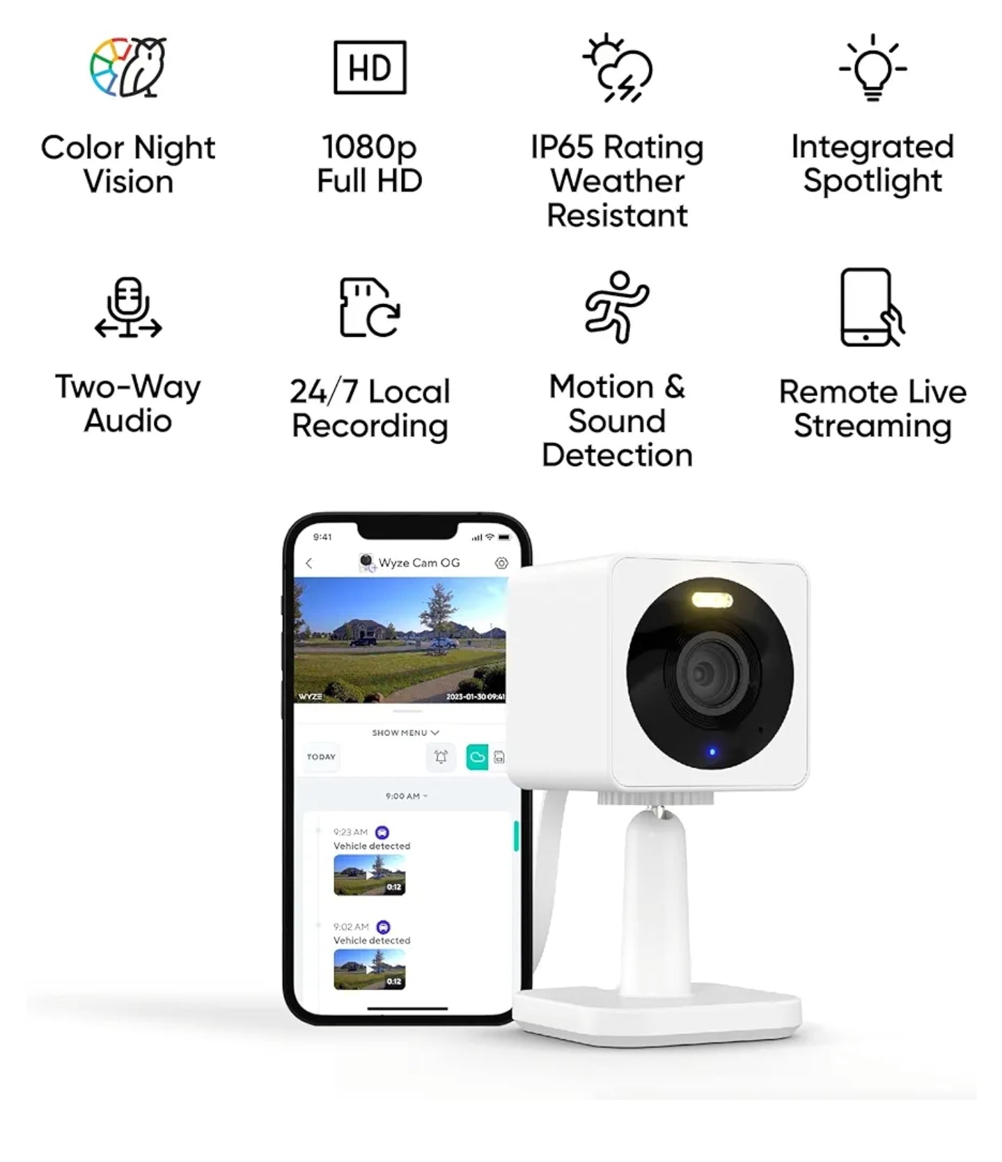 Wyze Cam OG Indoor/Outdoor 1080p Wi-Fi Smart Home Security Camera with Color Night Vision, Built-in Spotlight, Motion Detection, 2-Way Audio, Compatible with Alexa & Google Assistant, White