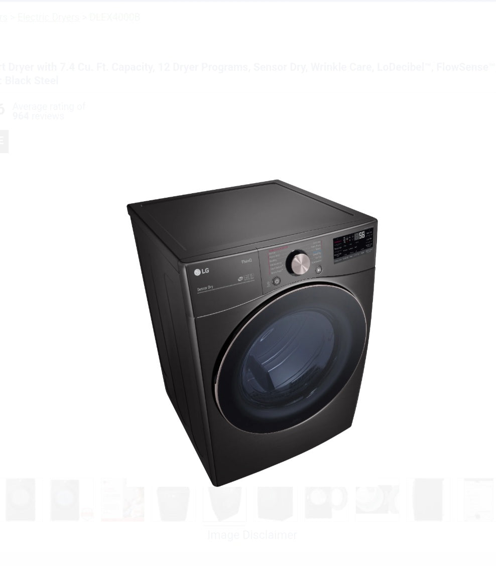 LG DLEX4000B
27 Inch Electric Smart Dryer with 7.4 Cu. Ft. Capacity, 12 Dryer Programs, Sensor Dry, Wrinkle Care, LoDecibel™, FlowSense™, TurboSteam™, and Energy Star Certified: Black Steel 12596832