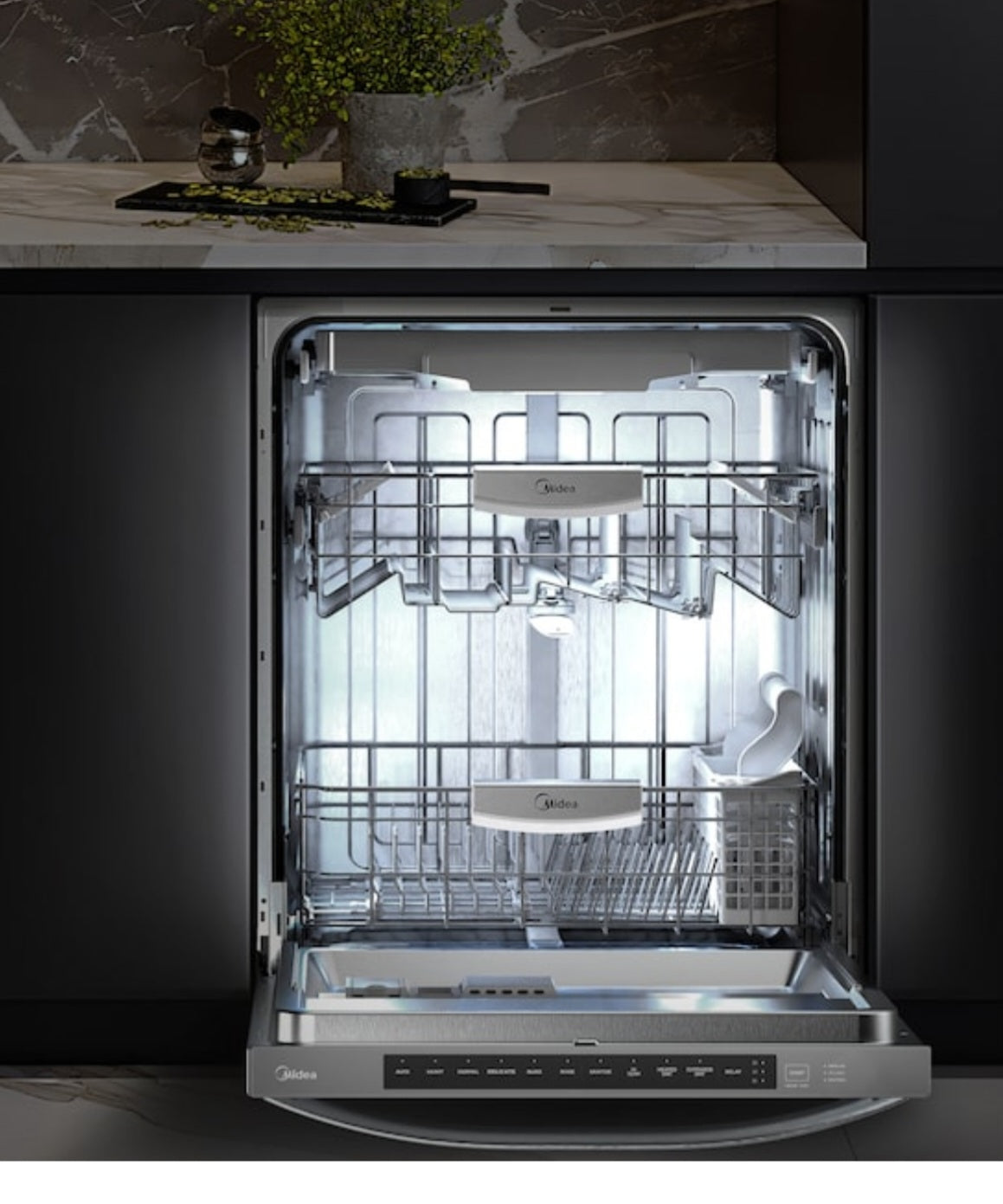 Midea 24-in Top Control Built-In Dishwasher With Third Rack (Stainless Steel) ENERGY STAR, 45-dBA Very Quiet Sound Level . Model #MDT24H3AST 9876135