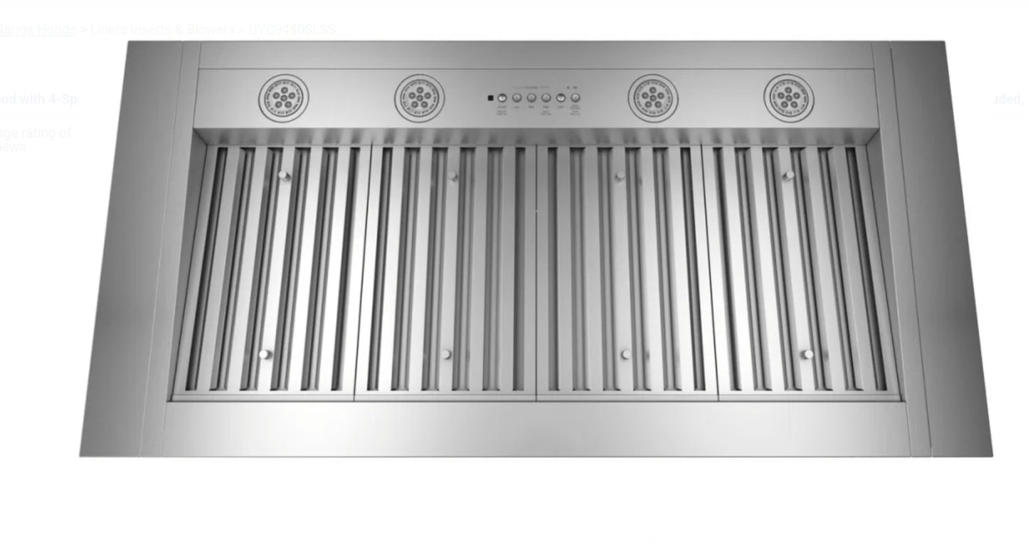 GE UVC9480SLSS
Cabinet Insert Smart Range Hood with 4-Speed/610 CFM Blower, Electronic Backlit Controls, LED Lighting, Premium Baffle Stainless Steel 019274761