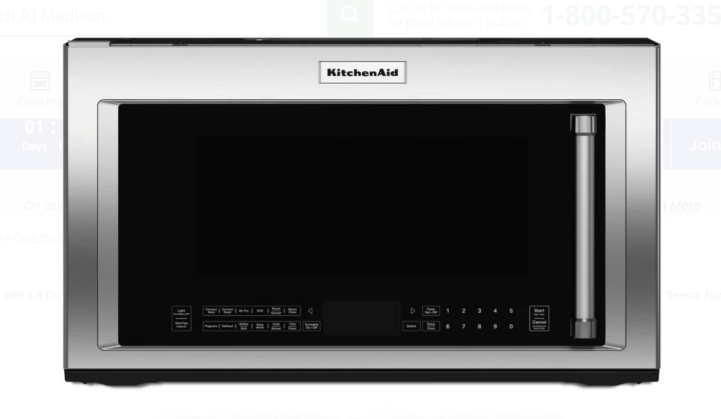 KitchenAid KMHC319LPS
30 Inch Over-the-Range Convection Microwave with 1.9 Cu. Ft. Capacity, 1,200 Watt Cooking Power, 6-Speed/400 CFM Motor, Steam Clean, Air Fry, Convection Cooking, Grill Mode, Sensor Functions, 12764612 PrintSh