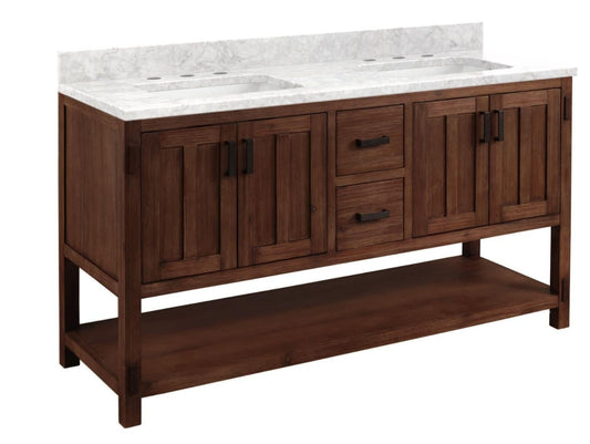 Signature Hardware 440225 Morris 60" Free Standing Double Vanity Set with Wood Cabinet, Vanity Top, and Rectangular Undermount Sink - 8" Faucet Holes - Rustic Brown/Carrara 7612635R TOP INCLUDED: $1,150
NO TOP: $900