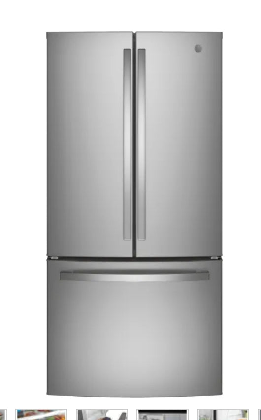 GE GNE25JYKFS 33 Inch French Door Refrigerator with 24.7 Cu. Ft. Capacity, Quick Space Shelf, Turbo Cool, LED Lighting, Icemaker, Enhanced Shabbos Mode Capable, Internal Water Dispenser, Water Filtration, and ENERGY STAR® Qualified: Fingerprint Resistant