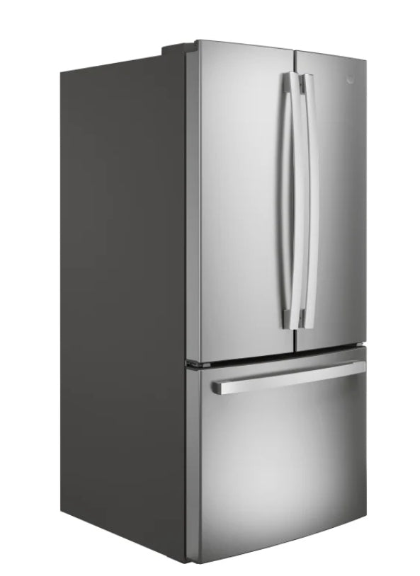 GE GNE25JYKFS 33 Inch French Door Refrigerator with 24.7 Cu. Ft. Capacity, Quick Space Shelf, Turbo Cool, LED Lighting, Icemaker, Enhanced Shabbos Mode Capable, Internal Water Dispenser, Water Filtration, and ENERGY STAR® Qualified: Fingerprint Resistant