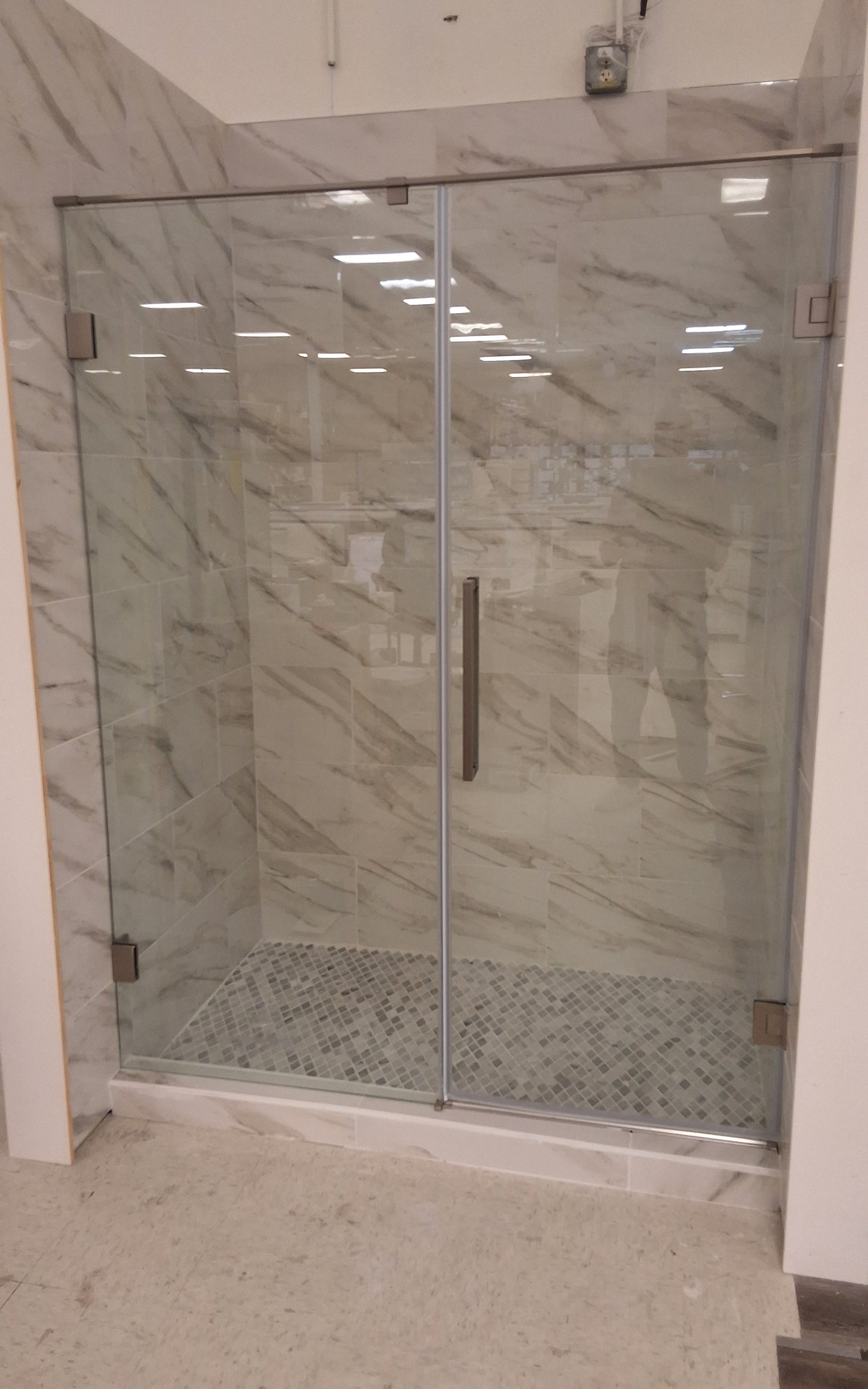 HD102 Brushed finish  8mm clear glass 304 stainless steel hardware ( hinges, top bar, handle) 60 x 76  Shower glass door