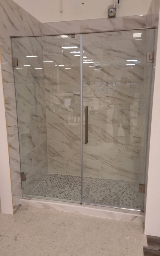 HD102 Brushed finish  8mm clear glass 304 stainless steel hardware ( hinges, top bar, handle) 60 x 76  Shower glass door