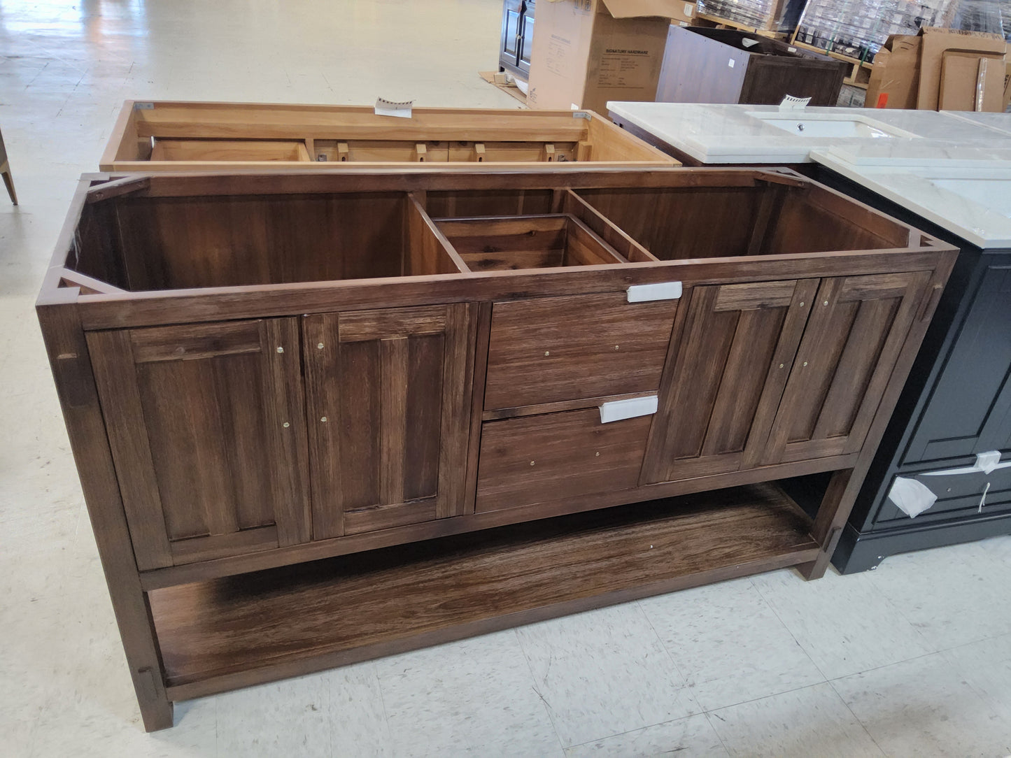 Signature Hardware 440225 Morris 60" Free Standing Double Vanity Set with Wood Cabinet, Vanity Top, and Rectangular Undermount Sink - 8" Faucet Holes - Rustic Brown/Carrara 7612635R TOP INCLUDED: $1,150
NO TOP: $900