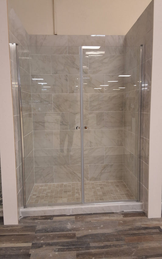 RB22-102 Chrome finish Shower Glass door 6mm clear glass aluminum profile, zinc alloy rising butt hinge round handle 60 x 76 shower glass door