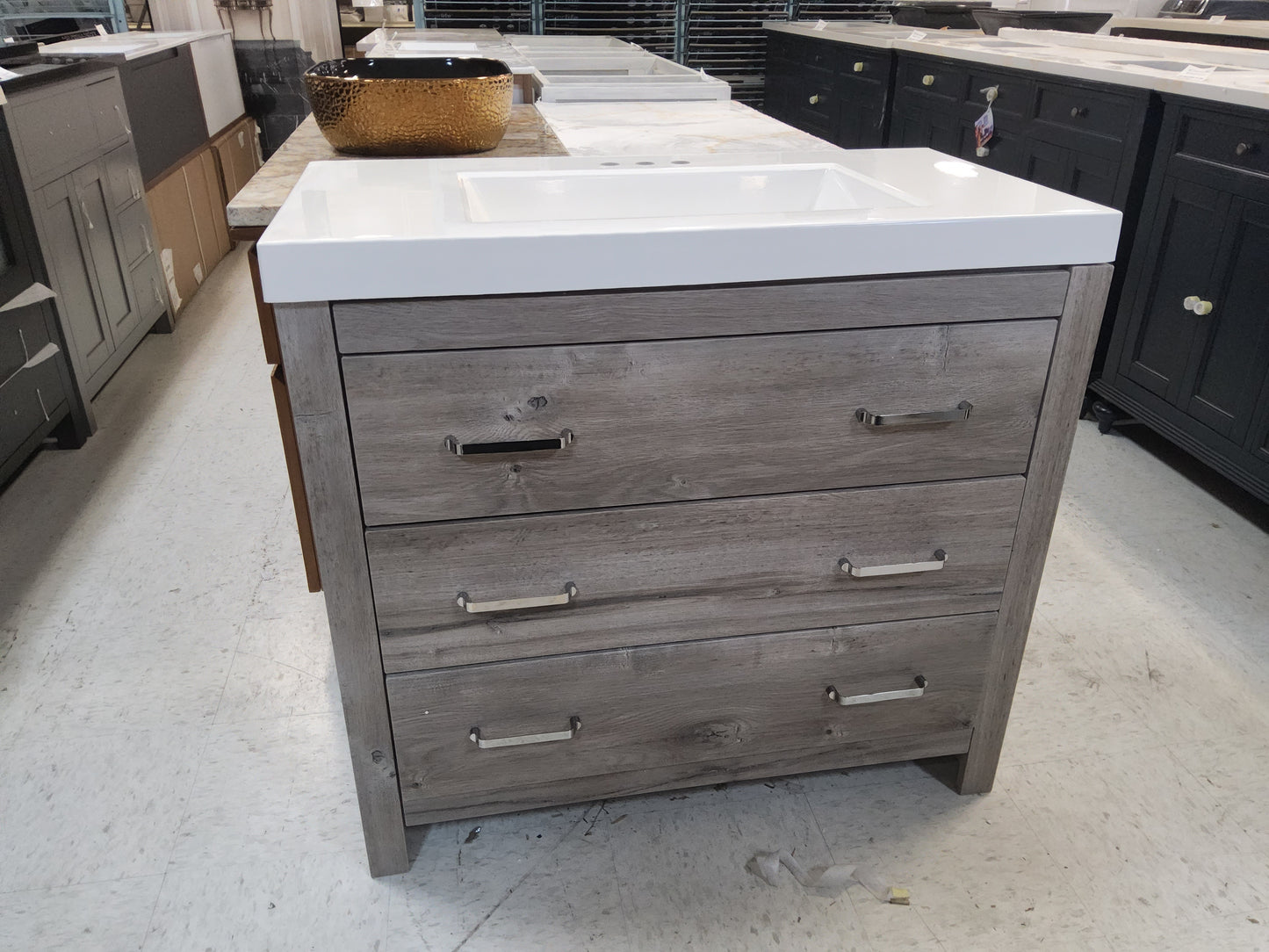 Glacier Bay Woodbrook 37 in. Single Sink White Washed Oak Bath Vanity 92147461 TOP INCLUDED: $500
NO TOP: $400