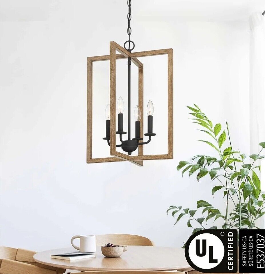 Focus Hatteras 4-Light Matte Black Rectangle Mini-Pendant with Wood Accents